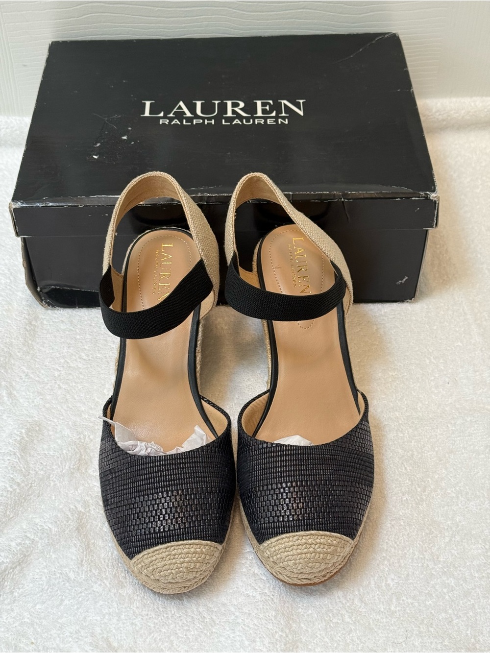 Ralph Lauren Black and Natural Espadrille Wedge Sandals with Ankle Strap